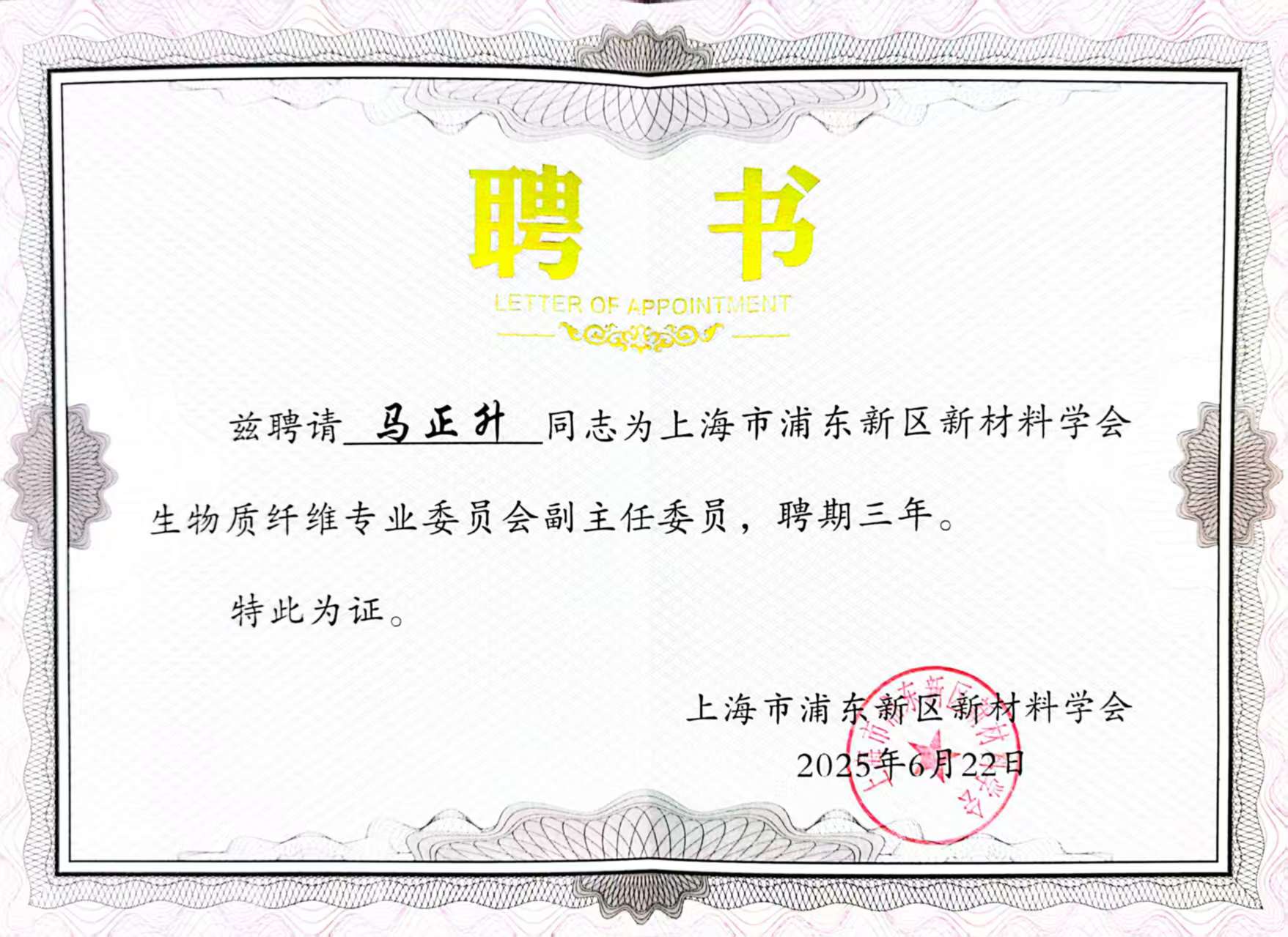 上海市浦東新區新材料學會生物質纖維專業委員會副主任委員
